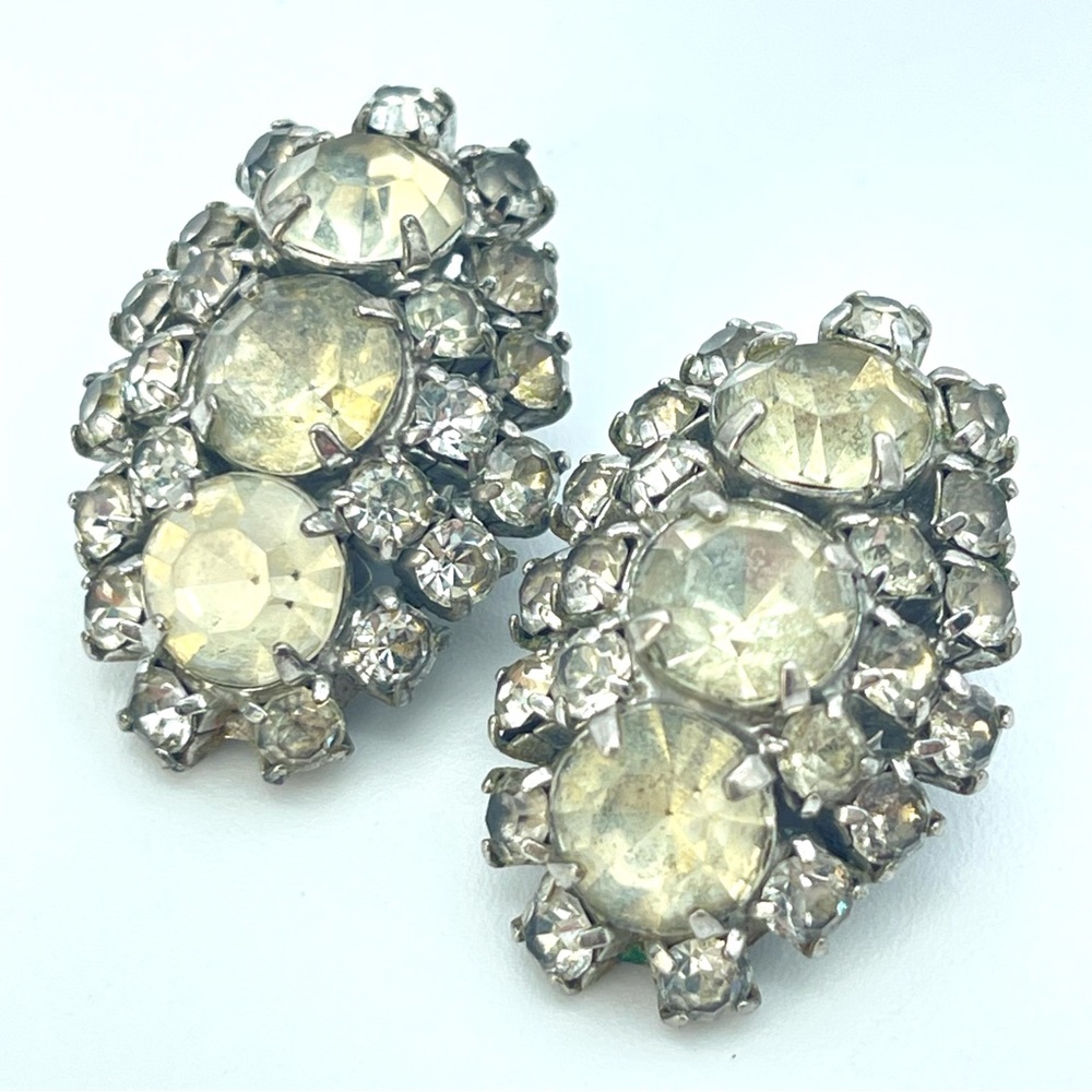 Vintage 50s Earrings Rhinestone | Clip-on Prong set Costume Jewelry